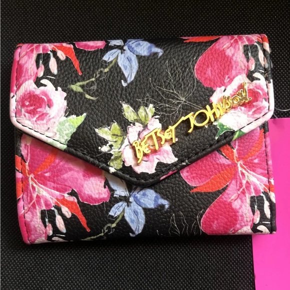 Betsey Johnson XOLANA Bi-Fold Flap Wallet Black Multicolored Floral Print NWT - Picture 2 of 13